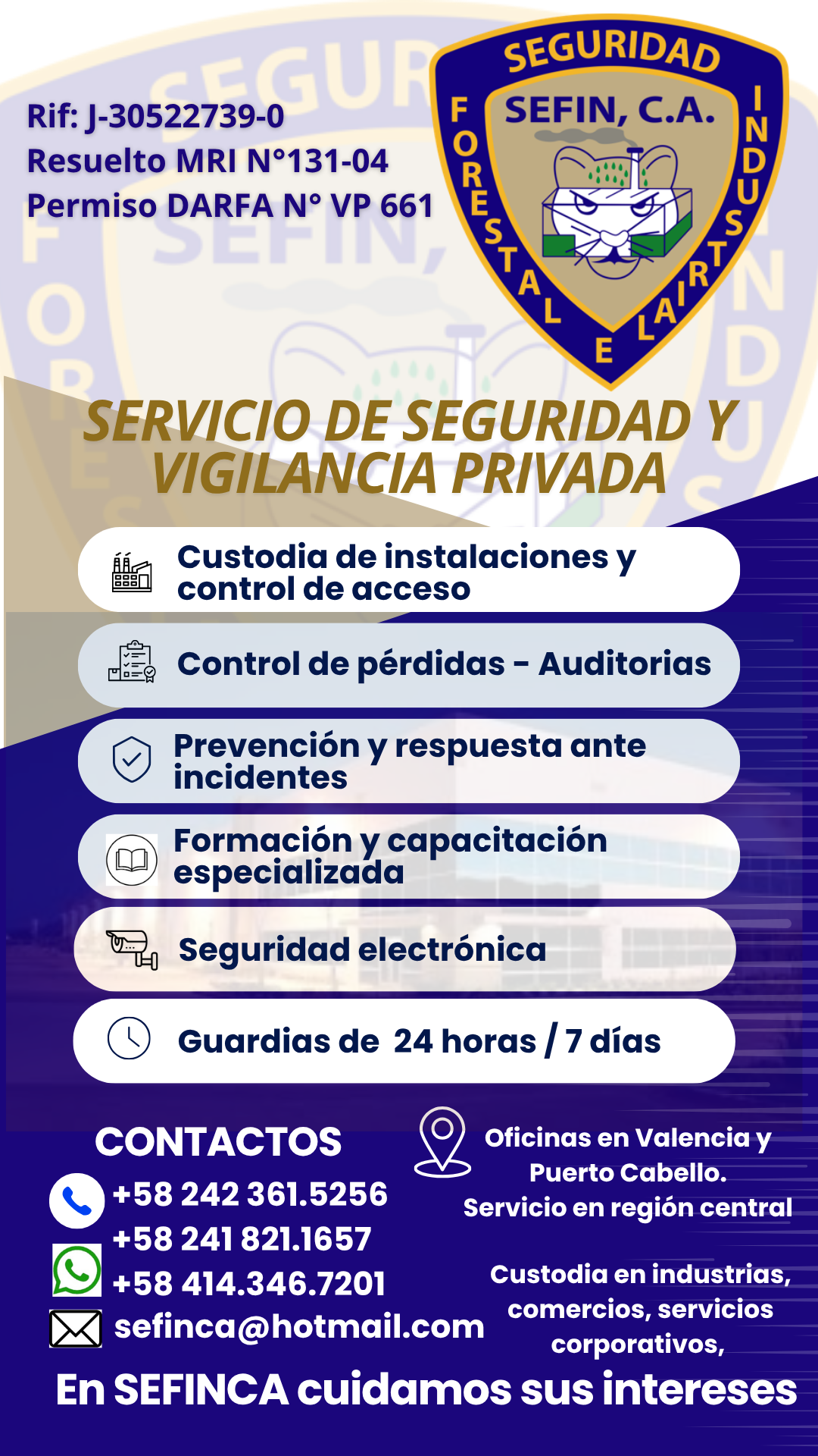 Folleto de servicios de SEFIN C.A. — custodia, control de acceso, auditorías, seguridad electrónica y guardias 24/7.